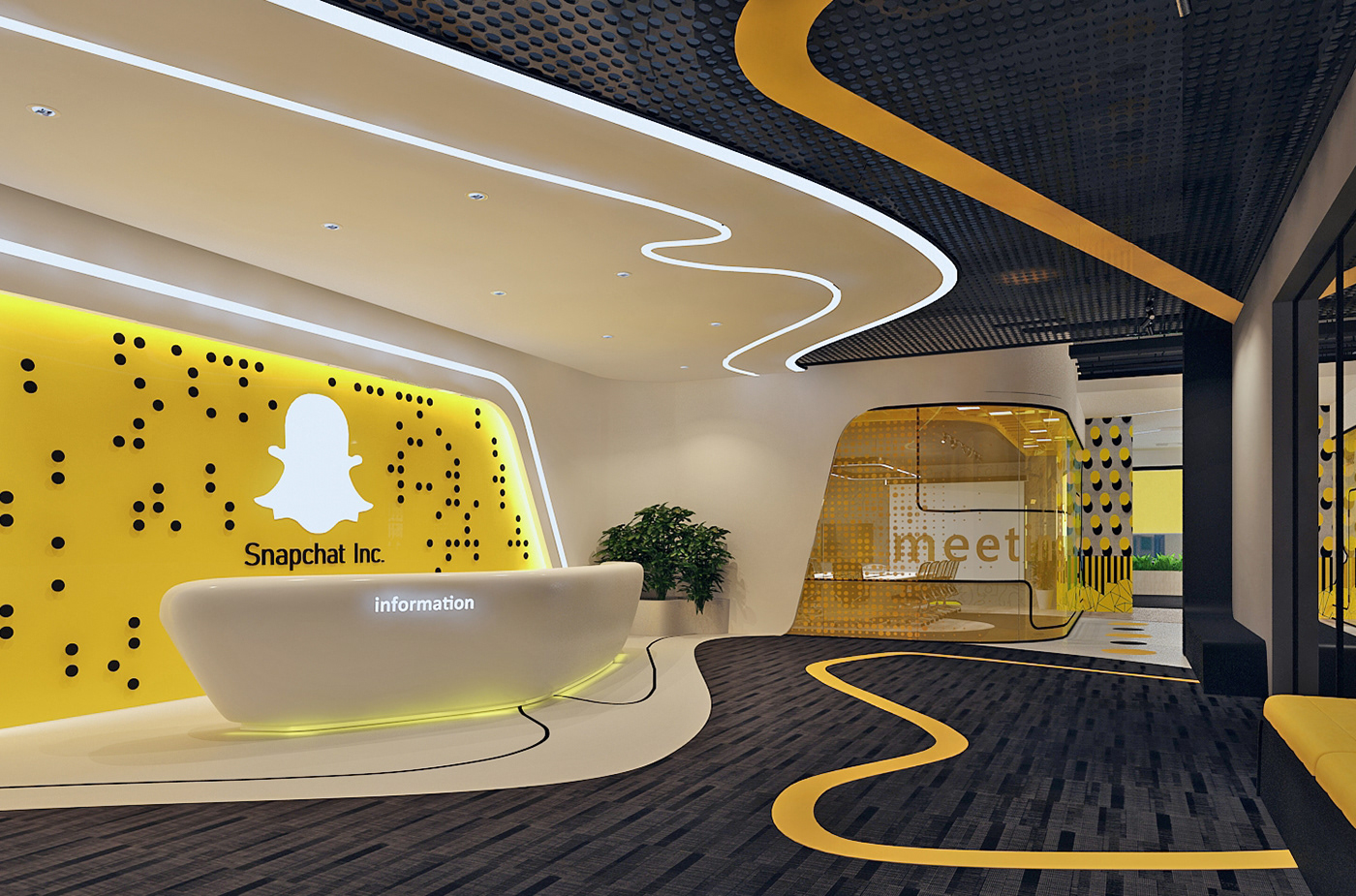 Snapchat Inc. office lobby with the yellow ghost logo wall